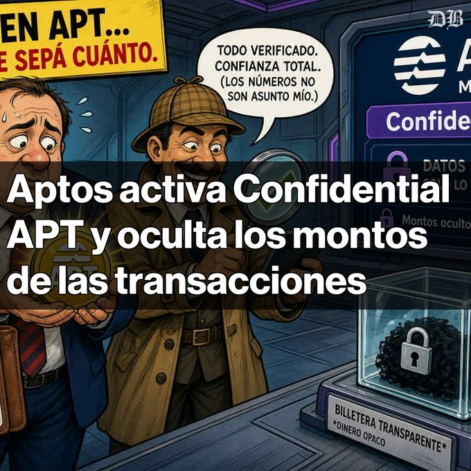 An illustrated graphic features two cartoon characters beside a speech bubble reading 'TODO VERIFICADO. CONFIANZA TOTAL. (LOS NÚMEROS NO SON ASUNTO MÍO.)', overlaid with Spanish text: 'Aptos activa Confidential APT y oculta los montos de las transacciones'.