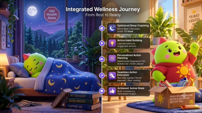 An illustrated graphic titled 'Integrated Wellness Journey: From Rest to Ready' showing a green creature character sleeping on the left and awake in athletic gear on the right, with a central list including 'Optimized Sleep Coaching', 'Active Habit Building', 'Personalized Action Planning', 'Seamless Action Execution', and 'Achieved: Active State'.