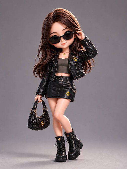 The image features a small doll with long brown hair, dressed in black clothing including a leather jacket and boots. The doll has sunglasses on her head and appears to be posing for the photo. The background of the image is gray, which contrasts nicely with the doll's outfit. There are no texts or other objects present in the image.
