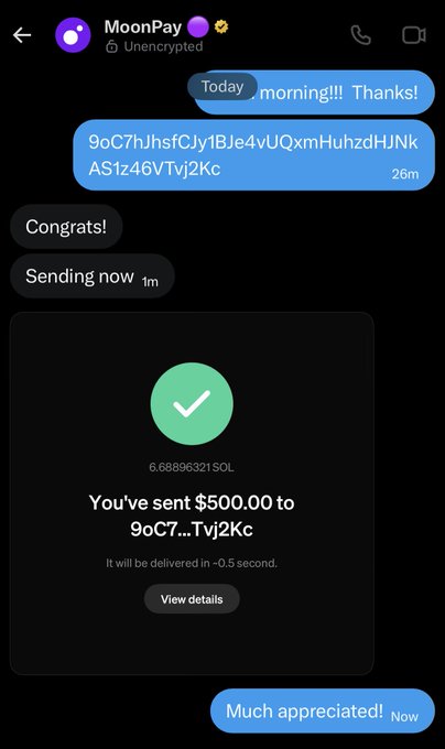 A MoonPay chat screenshot showing a $500.00 SOL transfer (6.68896321 SOL) sent to address 9oC7...Tj2Kc, marked as unencrypted.