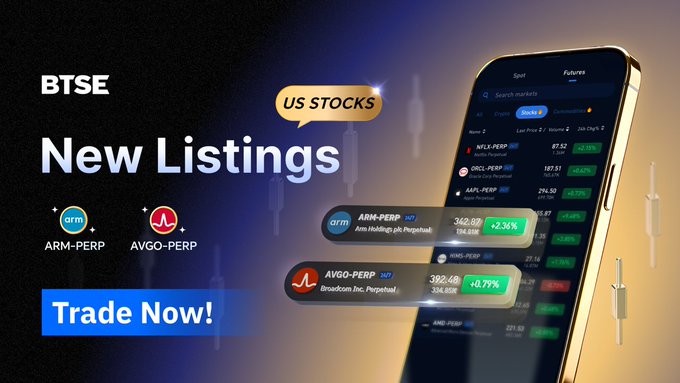 An image featuring a cell phone showing two stock symbols, one displaying the US stock market ticker symbol ARM-PERP (Arma), while the other displays the US stock market ticker symbol AVG-PERP (Arma). The text on the image includes information about new listings and trading.
