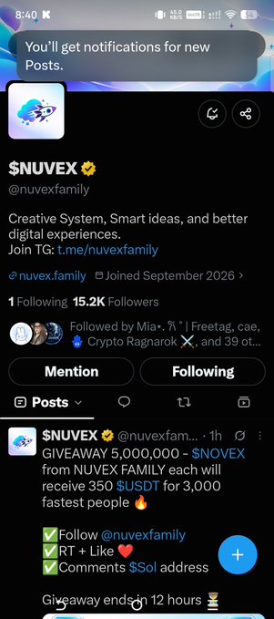 A screenshot of a Twitter/X profile for $NUVEX (@nuvexfamily) advertising a giveaway of 5,000,000 NUVEX tokens, with instructions to follow, like, retweet, and comment a Solana address.