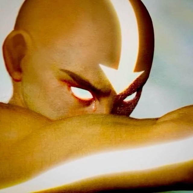 A close-up 3D render of a bald, muscular character with glowing white eyes and a stylized red marking around one eye.