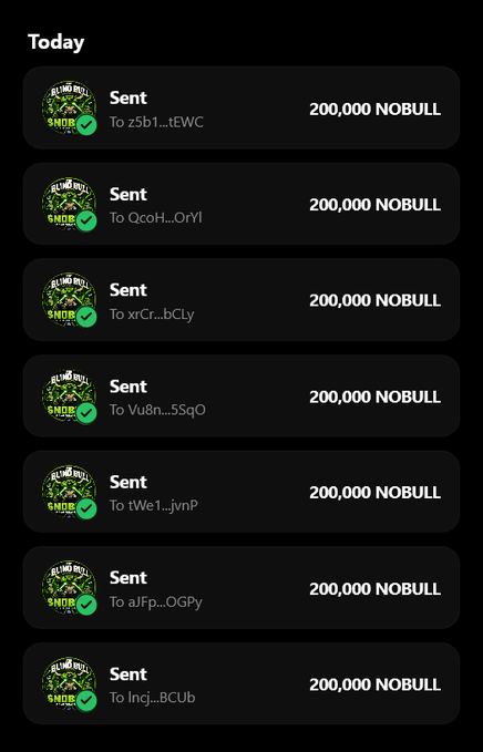 This image shows multiple transactions of "200,000 NOBULL" sent to various wallet addresses, confirming the giveaway mentioned in the accompanying post.