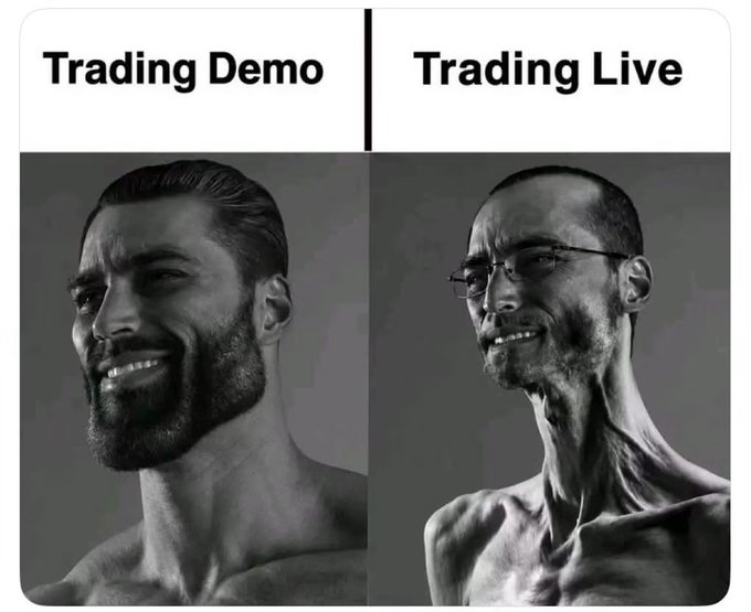 A side-by-side meme comparing 'Trading Demo' (a fit, bearded man) with 'Trading Live' (a gaunt, exhausted-looking man).