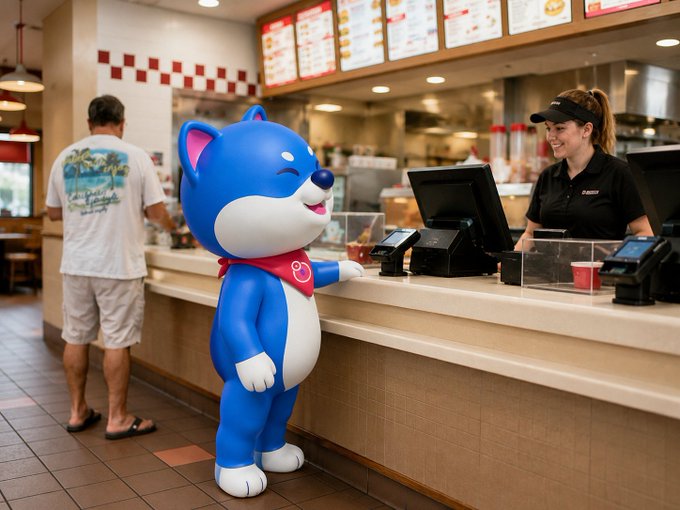 A cheerful blue cartoon mascot wearing a red bandana stands at the Wendy's restaurant counter, where a smiling employee in a black uniform and visor assists from behind the register, while a casually-dressed customer waits nearby beneath the illuminated menu boards. The scene playfully illustrates the post's joke about the $VINU token mascot ordering a dip at Wendy's ($WEN), tying the friendly character directly to a fast-food transaction moment.