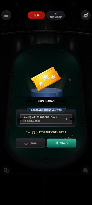A mobile app screen showing a fantasy football-style rewards interface with 'CONGRATULATIONS YOU WON' for 'KRISHNADAS' and options to Save or Share tickets worth ₹250.