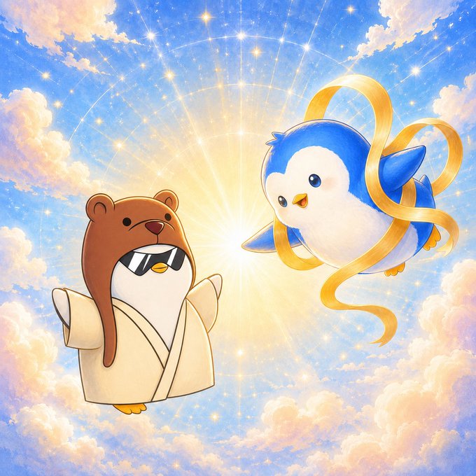 A digital illustration showing two cartoon penguins in a starry, cloud-filled sky—one wearing a brown bear hood and sunglasses in a cream robe, the other blue and white with a flowing golden ribbon, with bright light radiating between them.