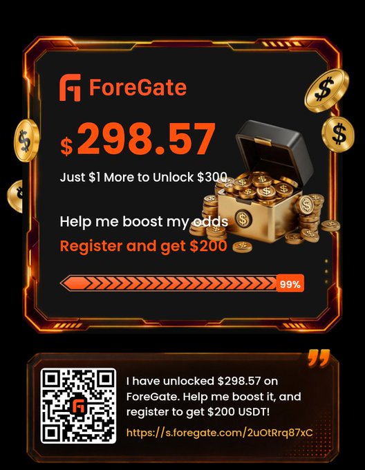 A promotional advertisement for 'ForeGate' showing $298.57 unlocked, offering a $200 registration bonus, featuring a treasure chest of gold coins and a QR code linking to s.foregate.com/2uOtRrq87xC.