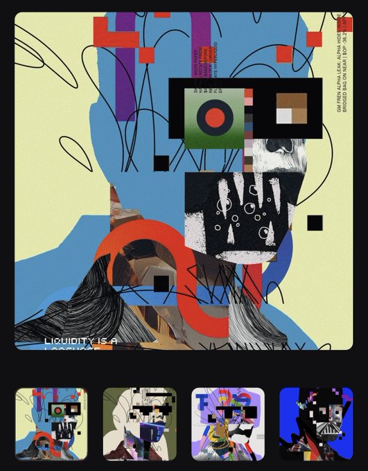 The image features an abstract art piece of a person's face with various colors and shapes, including circles, squares, and lines. The artwork has been edited into four different versions, each showcasing a unique interpretation of the subject matter. The caption below the artwork reads "liquidity is a", which could be interpreted as a reference to the concept of investing in oneself or one's skillset for financial gain.