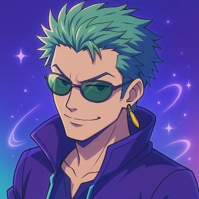 An anime-style illustration of a confident man with spiky teal hair, sunglasses, and a gold earring against a starry purple background—no text or logos visible. The image conveys a seasoned, "crypto OG" persona, visually reinforcing the post's theme of being an early adopter in blockchain and meme coin trading.
