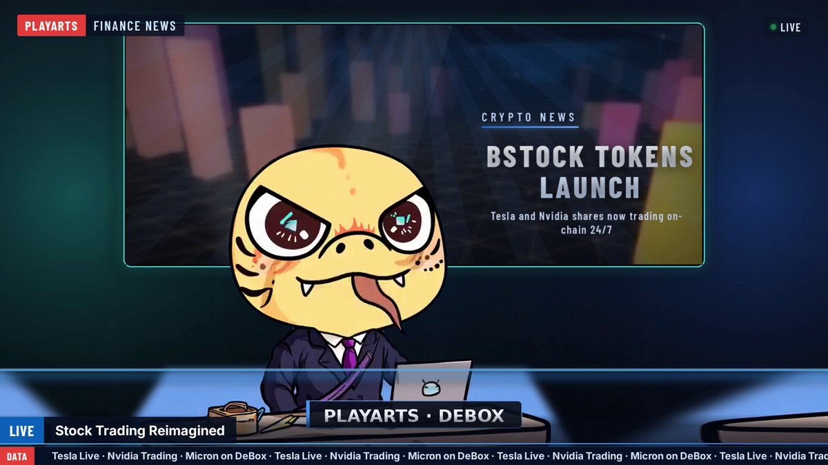 The image features a cartoon character, possibly a snake or a lizard, sitting at a desk with a laptop computer open in front of them. The character appears to be engaged in some sort of activity related to finance or crypto news. The background of the image is dark and filled with text that reads "BStock Tokens Launches", indicating that there might be an event or launch related to cryptocurrency tokens taking place soon.