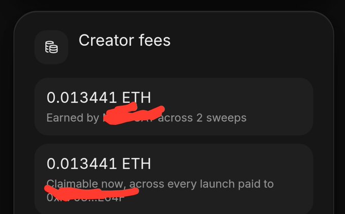 A dark-themed mobile interface shows "Creator fees" of "0.013441 ETH" with red redactions over portions of the text.