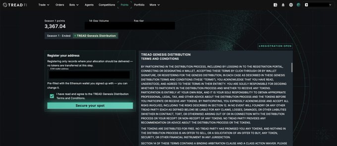 A crypto airdrop registration page on 'TREAD.fi' for Season 1, showing an ETH address of 3,367.04 and terms and conditions for token distribution.