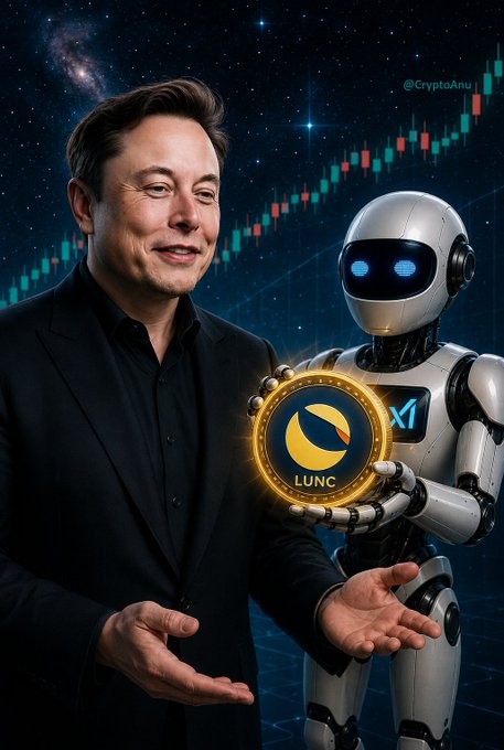 The image features a smiling man in a black suit alongside a sleek white humanoid robot, set against a cosmic background of stars and an ascending green and red crypto candlestick chart, with the robot holding a glowing "LUNC" coin. The "@CryptoAnu" watermark appears in the top right corner, visually reinforcing the post's theme of analyzing Terra Classic's (LUNC) potential comeback through an AI-assisted, emotionless perspective.