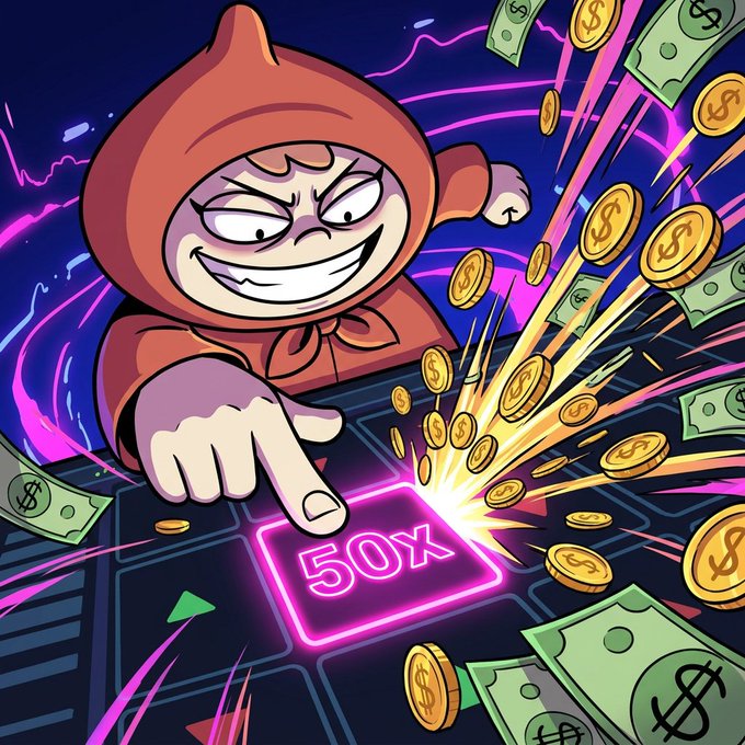 A mischievous cartoon figure in a red hood presses a glowing "50X" button, unleashing an explosion of gold coins and dollar bills, symbolizing the thrill of chasing massive gains. The image ties to the post's theme of celebrating rare 100x wins in meme coins by visually representing the high-risk, high-reward gamble of going for that moonshot.
