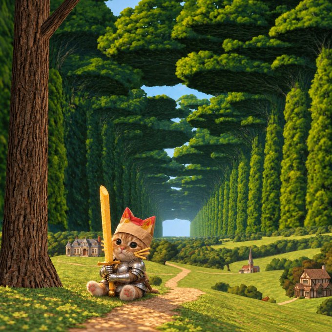 A whimsical illustration of a small kitten wearing a golden crown and armor, holding a sword, sitting on a path in a stylized, tunnel-like forest.
