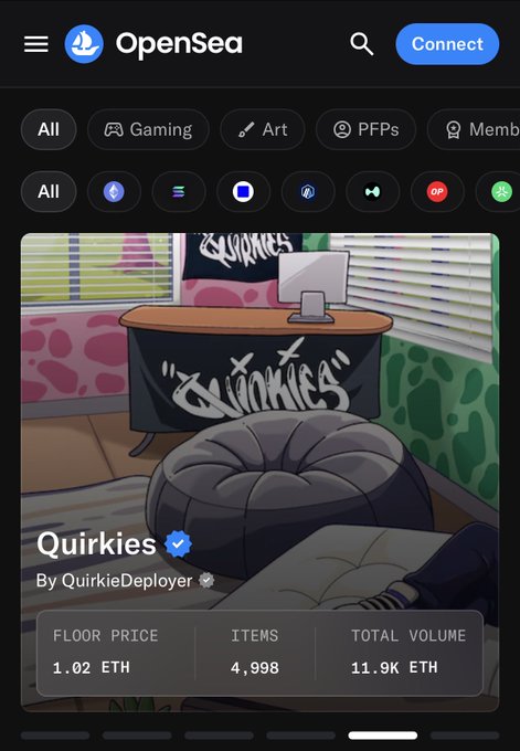 OpenSea NFT marketplace displaying the 'Quirkies' collection by QuirkieDeployer, with a floor price of 1.02 ETH, 4,998 items, and a total volume of 11.9K ETH.