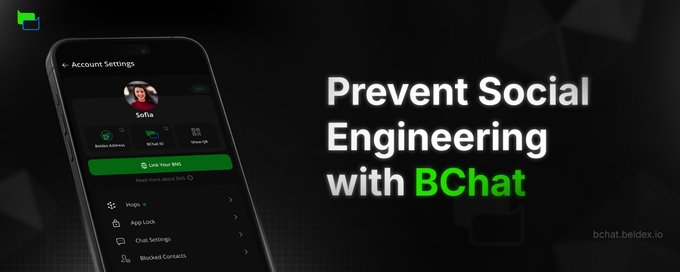 The image features a smartphone displaying Beldex's BChat app's "Account Settings" screen, showing a user profile "Sofia" with options like Lock Your BNS, Magic, App Lock, Chat Settings, and Blocked Contacts, alongside the tagline "Prevent Social Engineering with BChat" and the URL "bchat.beldex.io"—directly promoting BChat's privacy-focused features like end-to-end encryption, no phone number requirement, and decentralized routing highlighted in the post.