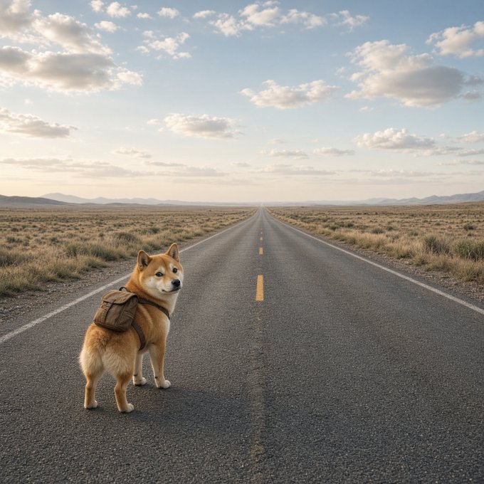 A Shiba Inu wearing a small backpack stands on a long, empty desert road stretching toward the horizon, symbolizing the ongoing journey toward a $1 price target for $DOGE. The vast, open road and the dog's determined stance capture the patience and optimism of the crypto community awaiting that milestone.