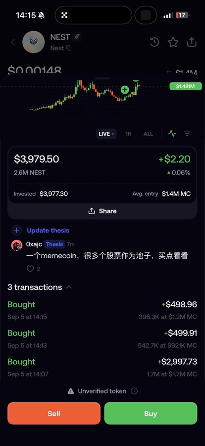A mobile cryptocurrency trading screen for NEST showing a price chart, current value of $3,979.50 for 2.6M NEST, and three recent 'Bought' transactions.