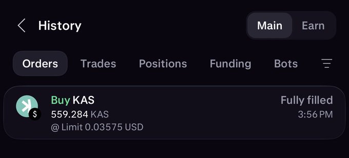 A crypto trading history screen on Kraken displays a fully filled "Buy KAS" order for 559.284 KAS at a limit price of 0.03575 USD at 3:56 PM, confirming the user's first official Kaspa purchase. This screenshot visually validates their announcement of beginning a Kaspa holding strategy alongside their existing Bitcoin.