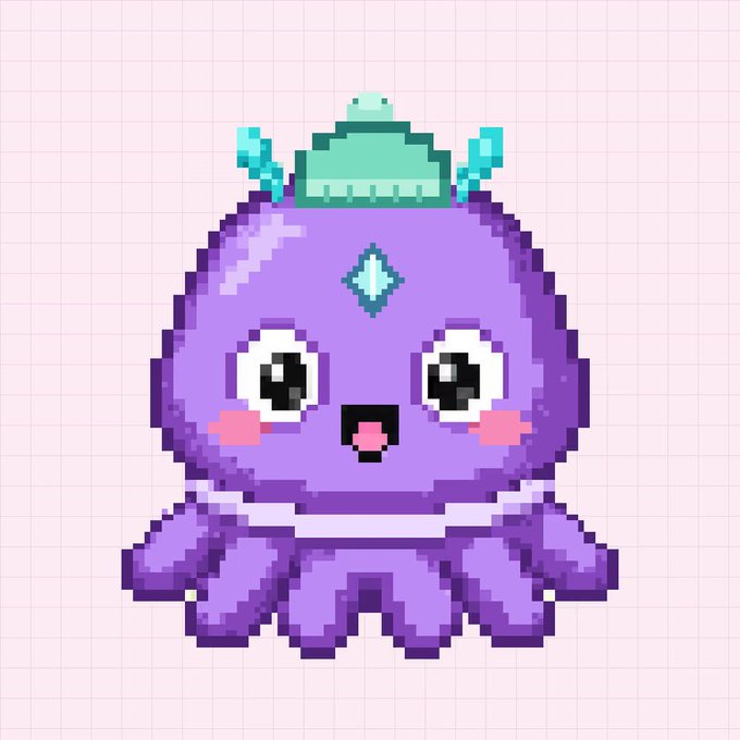 A cute purple octopus pixel art character with big eyes, pink cheeks, and a small mint green knit hat.