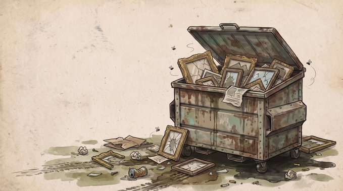 Watercolor-style illustration of a rusted dumpster filled with broken picture frames and debris scattered on the ground.