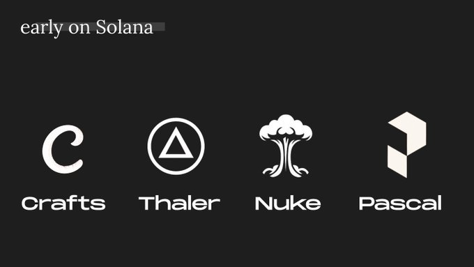 The image displays four Solana project logos on a black background under the heading "early on Solana," featuring **Crafts**, **Thaler**, **Nuke**, and **Pascal**. It visually showcases the four early-stage Solana projects highlighted in the accompanying post, with Crafts being the first one described as an equity-linked fundraising platform for startups.