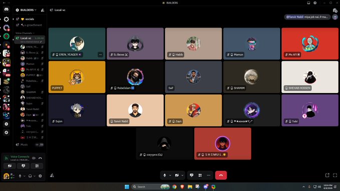 A Discord call interface showing a video chat with multiple participants, including a user named 'Hamza Habib' in the top right, with a sidebar showing voice channels and a chat panel on the left.