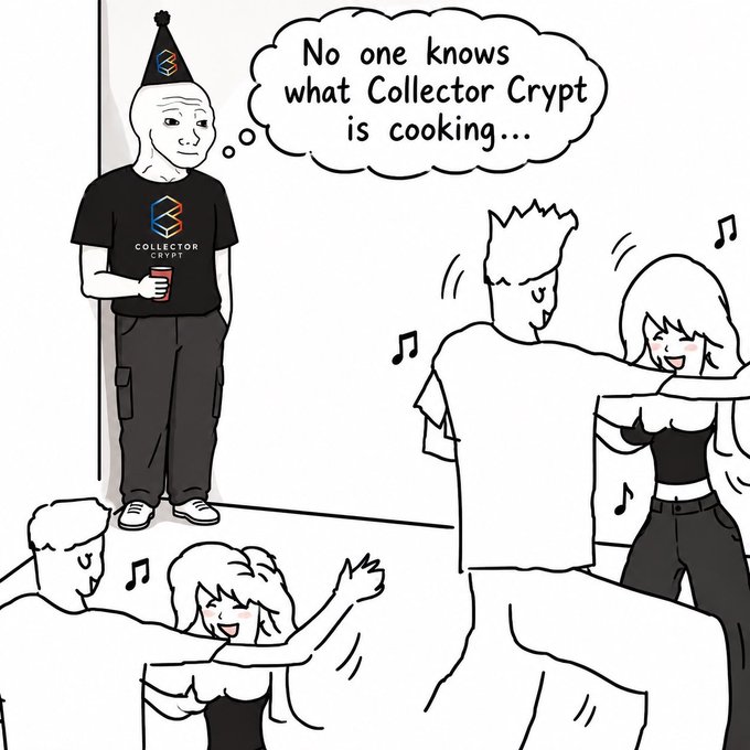 A black and white illustration of a 'wojak' character wearing a 'Collector Crypt' party hat and t-shirt, thinking 'No one knows what Collector Crypt is cooking...' while watching people dance.