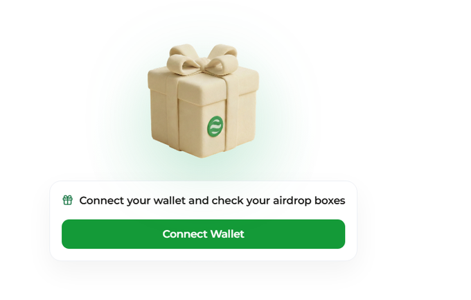 A wallet connection prompt featuring a 3D gift box icon with a refresh symbol and the text 'Connect your wallet and check your airdrop boxes' above a green 'Connect Wallet' button.