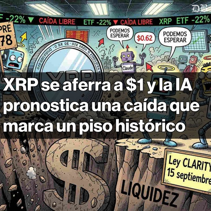 A Spanish-language crypto cartoon illustration depicting XRP holding at $1 with AI predicting a historic drop, referencing the CLARITY law on September 15 and showing ETF down 22%.