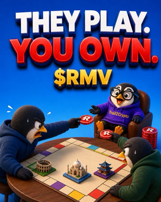 An advertisement for $RMV cryptocurrency with the text 'THEY PLAY. YOU OWN.' featuring penguin mascots playing a board game with tokens, one wearing a 'Trail2Crypto' hoodie.