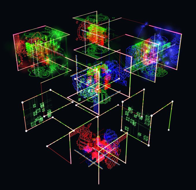 An abstract digital artwork featuring geometric shapes, neon green and pink lines, and pixelated patterns on a black background.