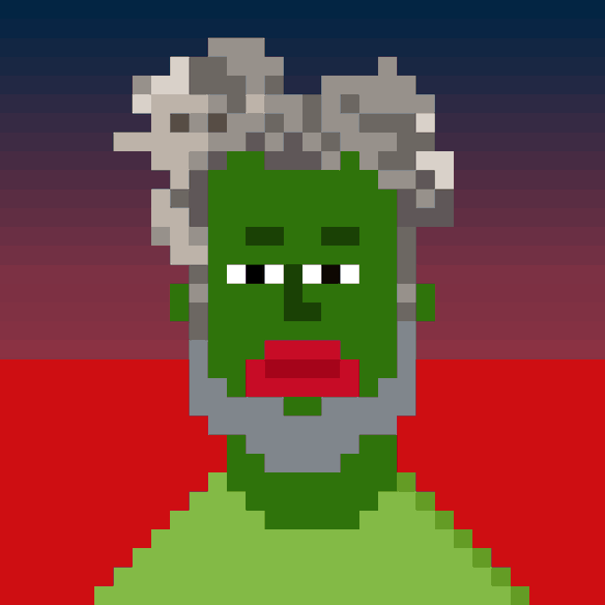 A pixel art portrait depicts an elderly green-skinned man with gray hair, a beard, and red lips against a gradient background.