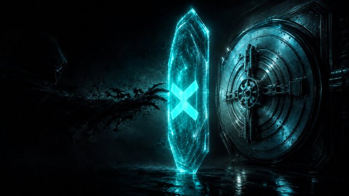 A glowing blue crystalline shield with an "X" symbol stands as a barrier in front of a heavy metallic vault door, visually representing the protective layer of two-factor authentication referenced in the post. The imagery reinforces the message of "Guardian" protocol-level security, depicting the shield as a safeguard preventing unauthorized access to digital assets.