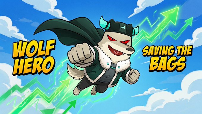 A meme-style illustration of an anthropomorphic wolf wearing a green cape and horned helmet flying through a blue cloudy sky, with text reading 'WOLF HERO' and 'SAVING THE BAGS' alongside green upward arrows.