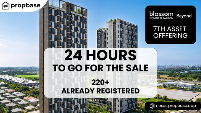 The image features a promotional poster for an upcoming 7th asset offering by Propbase. The poster displays two tall buildings with balconies, set against a clear blue sky. The text on the poster announces that the 7th asset offering has already been registered, and there are 220+ registrations available. The post also mentions that the sale begins in 24 hours, starting from 12:00 PM (noon) on June 11th at 11:00 AM (11:00).
