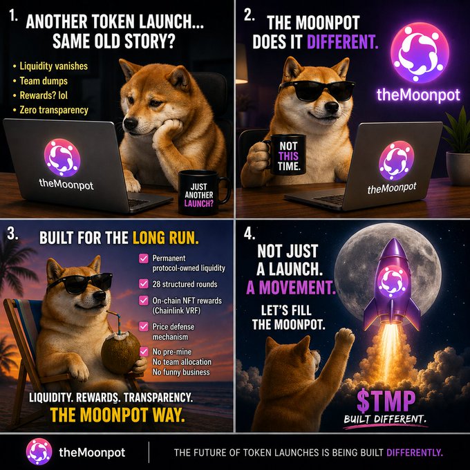 A four-panel promotional graphic for 'theMoonpot' ($TMP) token launch features a Shiba Inu dog in various scenarios, highlighting problems with typical token launches (liquidity vanishes, team dumps, zero transparency) and promising a different approach with permanent liquidity, 28 structured rounds, NFT rewards, and price defense mechanisms.