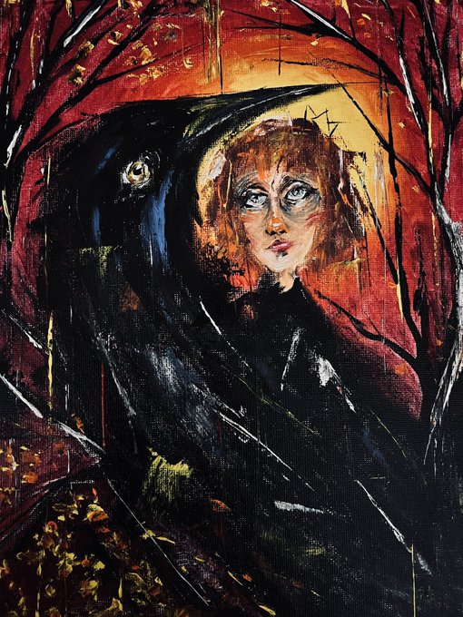An expressionist painting of a pale figure with a dark cloak against a vivid red background with black branches, featuring a stylized face and intense eyes.