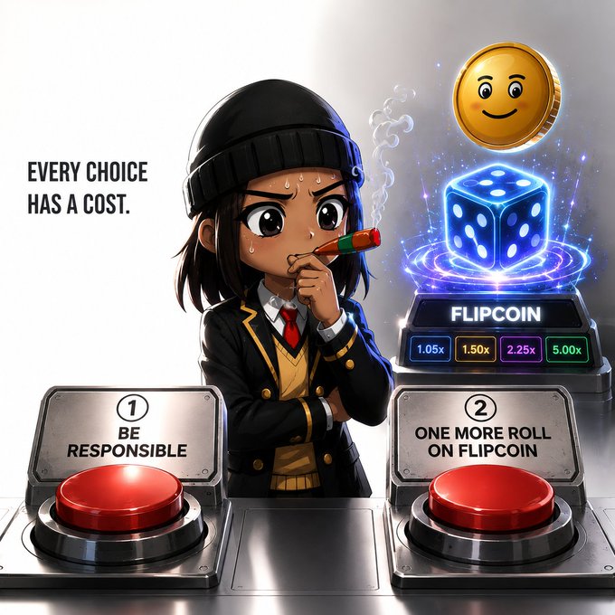 A stressed anime-style character in a beanie and suit smokes a cigar while sweating between two big red buttons labeled "1: BE RESPONSIBLE" and "2: ONE MORE ROLL ON FLIPCOIN," with a glowing blue die and smiling gold coin above a "FLIPCOIN" console displaying multipliers of 1.05x, 1.50x, 2.25x, and 5.00x—capturing the meme's humor about degen gamblers inevitably choosing the dice over financial discipline. The text "EVERY CHOICE HAS A COST" reinforces the tempting-but-risky nature of chasing another Flipcoin roll.