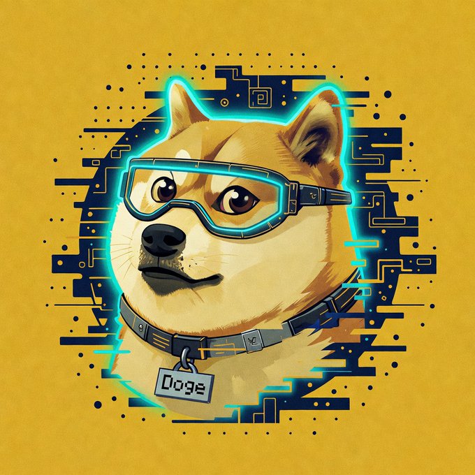 A stylized cyberpunk illustration of a Shiba Inu dog wearing glowing goggles with a collar tag reading 'Doge' against a yellow background with circuit board patterns.