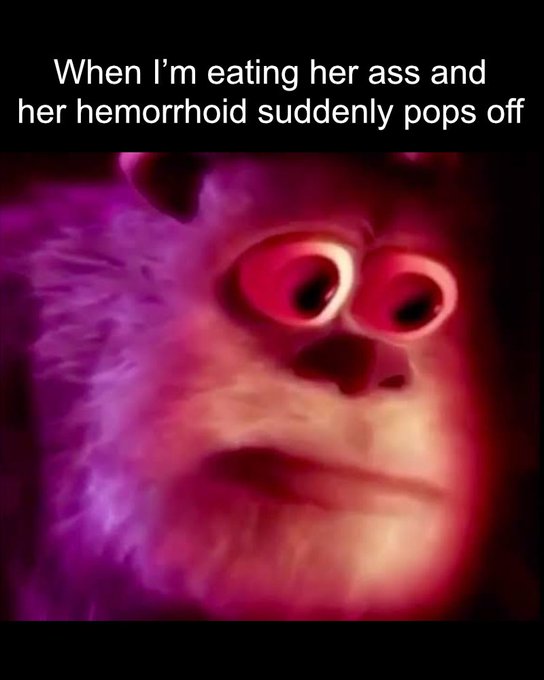 A viral meme image showing a close-up of the character 'Luigi' from Mario with a shocked expression, with text reading 'When I'm eating her ass and her hemorrhoid suddenly pops off'.