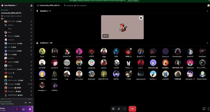 A Discord interface screenshot showing the Axis Robotics server voice channel "Community AMA with PL" with 44 audience members and active speakers.