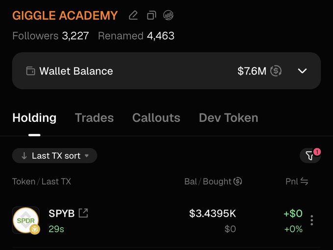 The Giggle Academy $bStocks donation shows a wallet balance of $7.6M and a holding of SPYB token valued at $3.4395K.