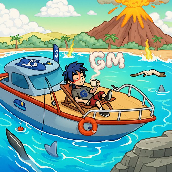 An illustration of an anime-style character relaxing on a boat with a Google 'G' logo on the sail and shirt, drinking coffee that forms the word 'GWI' while a volcano erupts in the background.