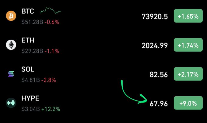 The image shows a black screen with various cryptocurrency symbols, including Bitcoin, Etherium, and Sol, along with their current prices. The screen also displays an arrow pointing downwards, indicating a decrease in price for one of these cryptocurrencies. The caption below the image reads "Wtf $hype is pumping like crazy better than $btc and $Sol".