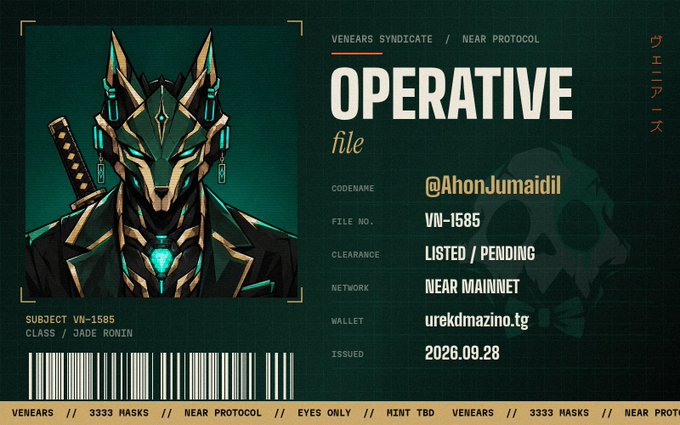 An 'Operative File' for 'Venears Syndicate / Near Protocol' featuring a cyberpunk fox character, issued to @AhonJumaidiI (VN-1585) with a wallet listed as urekdmazino.tg.
