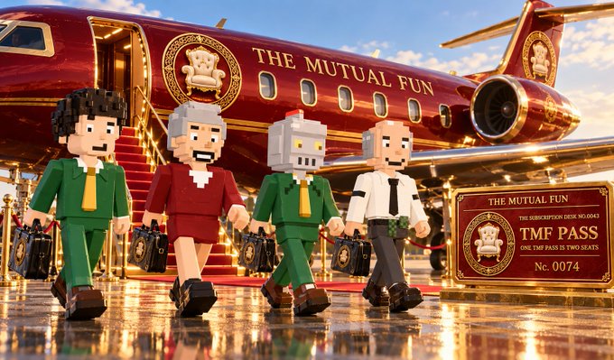 An advertisement for 'The Mutual Fun' TMF PASS featuring voxel/block-style characters walking with briefcases alongside a private jet, with a gold plaque noting subscription series No. 0043.
